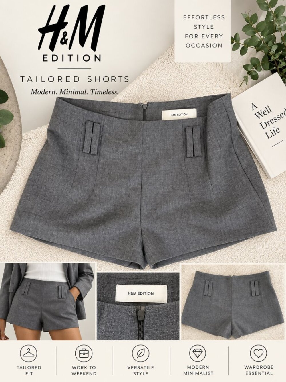 H&M Edition Gray Tailored High Rise Dress Shorts Minimalist Workwear